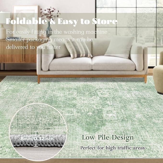 Area Rug 6x9 Washable Rug, Vintage Boho Medallion Rugs Non-Slip Soft Low Pile Large Distressed Rug Indoor Retro Carpet for Living Room Bedroom Dining Room Home Office (SageGreen, 6'x9')