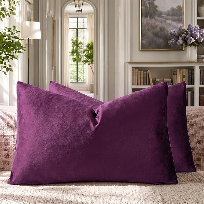 GIGIZAZA Velvet Pillow Covers 12x20 Decorative Pillows Pack of 2 Purple | Throw Pillows for Couch Sofa,280gsm Soft Textured Fabric,Luxury Modern Lumbar Pillowcases,Home Decor Cushion Covers