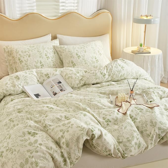 mixinni 3pcs Girls Boho Green Floral Duvet Cover Set King Size Cotton Soft Aesthetic Cute Flowers Leaves Pattern Bedding Comforter Cover, 1 Queen Duvet Cover with 2 Pillowcases for All Seasons