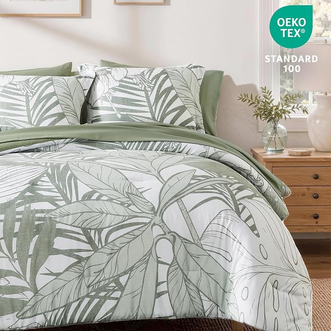 King Size Comforter Set-7 Pieces Green Jungle Bed in a Bag King Bedding Set | All Season Botanical Tropical Palm Leaf Comforter Set with Sheets, Pillowcases & Shams