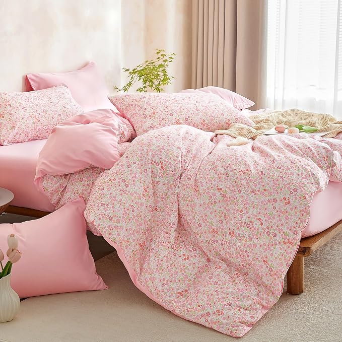 Wake In Cloud - Floral Duvet Cover Set, Cute Vintage Flower Cottagecore Aesthetic for Women Teen Girls, Soft Lightweight Bedding, 3-Piece, Pink, Full Size