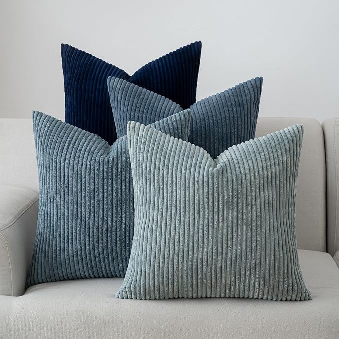 Volcanics Set of 4 Dusty Blue Navy Series Corduroy Pillow Covers 18x18 in | Decorative Modern Boho Striped Cushion Cases for Patio, Balcony, Children Bedroom, Summer Gradient Shams