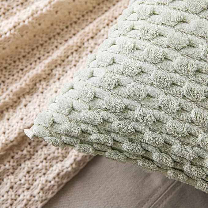 MIULEE Decorative Throw Pillow Covers 16x16 Light Green Textured Corduroy | Pack of 2 Striped Pillow Covers Modern Farmhouse Home Decor for Couch Bed Sofa Living Room