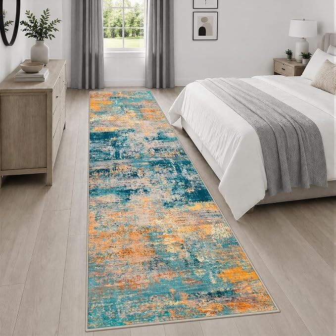 2.6x14 Washable Runner Rug:Modern Abstract Soft Carpet Rosy Haze | For Hallway, Bedroom, Kitchen, Laundry, Bathroom,Door Mat,Modern Abstract,Machine washable,Non-Slip,Stain Resistant,Indoor