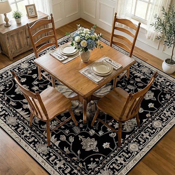 RELEANY Washable Area Rug, Square 8'x8', Black/Neutral | Non-Slip, Water Repellent, Pet Friendly, Easy to Clean, Vintage Floral Boho Decor for Living Room Bedroom Dining Room Office