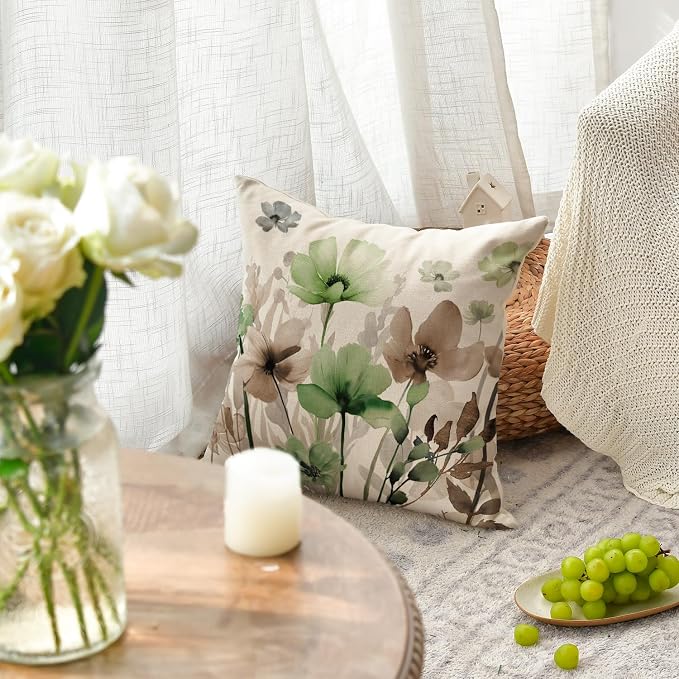 AVOIN colorlife Poppy Flowers Pillow Covers 18x18 Inch Set of 2 | Chinoiserie Sage Green Brown Seasonal Leaves Cushion Case Decoration for Sofa Couch Farmhouse