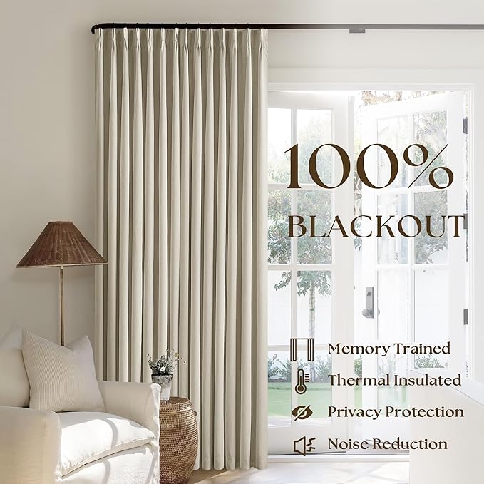 Burlywood Birch 100% Blackout Pinch Pleated Linen Curtains 95 Inches Long | Insulated Thermal Heat Reducing, Memory Shape, for Bedroom Living Room, Taupe Pleated Curtains with Hooks Rings, 2 Panels