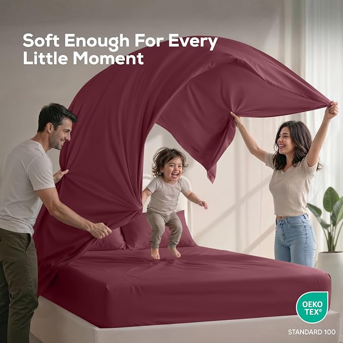 Full Sheets Set, 4 Pieces 16" Deep Pocket Hotel Luxury Bed Sheets, Burgundy | Extra Soft Bedsheet Set, Comfy & Breathable Cooling Sheets, Wrinkle & Fade Resistant, Fitted Sheet, Flat Sheet, 2 Pillowcases