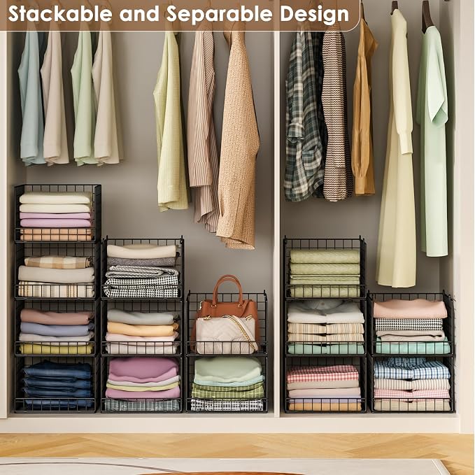 5-Tier Stackable Closet Organizers and Storage Baskets, Closet Shelf Organizer for Small Space, Space-Saving closet organizer system, Foldable Clothes Storage Bins for Closet Organizer System, Black