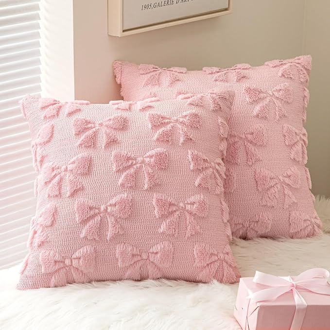 MIULEE Pink Bow Pillow Covers Coquette Room Decor 18x18 | Aesthetic Decorative Cute Girl,Set of 2 Cushion Covers,Soft Plush Faux Pillowcases,Preppy Room Decor Bedroom Couch