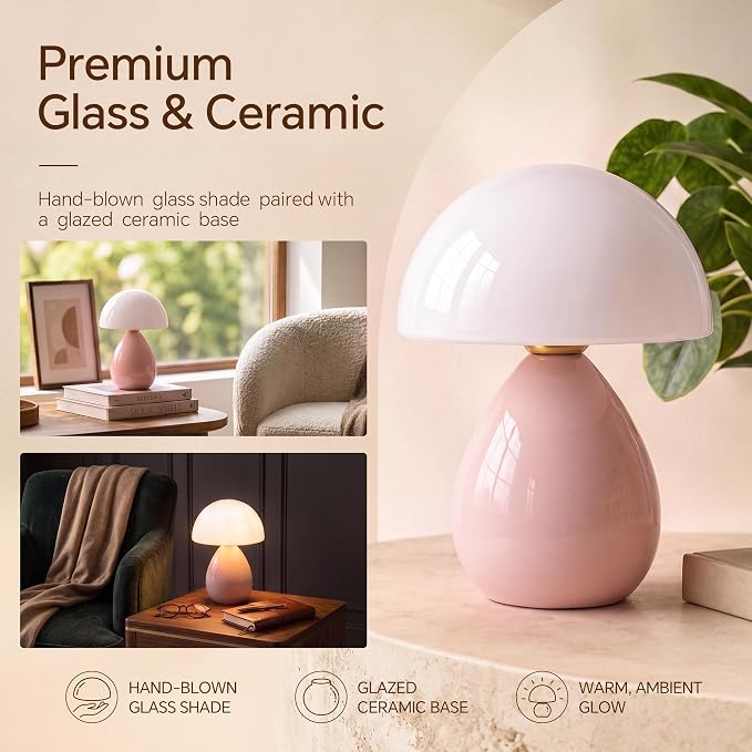 Mushroom Lamp Table Lamp for Bedroom-Small Desk Table Lamps,Pink | Ice Crackle 10.08" Mid Century Modern Table Lamps for Living Room Bedroom Decor,Ceramic Lamps for Home Room Decor,Glass Shade
