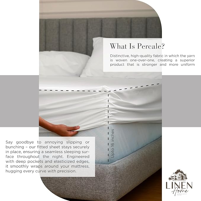 Linen Home 100% Cotton Percale Sheets King Size, Snow White, Deep Pocket, 4 Pieces Set - 1 Flat, 1 Deep Pocket Fitted Sheet and 2 Pillowcases, Crisp Cool and Strong Bed Linen