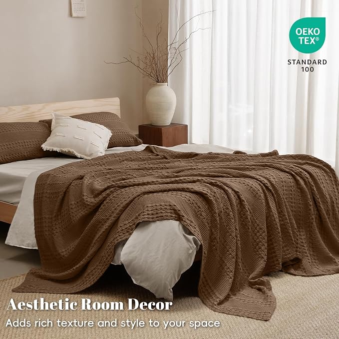 PHF Lightweight 100% Cotton Waffle Blanket for Bed, Twin XL, Chocolate | Pre-Washed Soft Cotton Comfort, Breathable Layering Warmth for Fall & Winter, Couch & Guest Room, Couch, Home Decor & Gifts