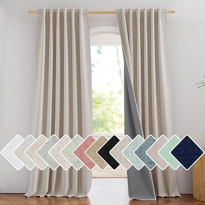 NICETOWN 100% Blackout Linen Curtains 108 inch Long 2 Panels, Natural | Rod Pock Thermal Insulated Long Drapes Noise Reducing, Privacy Protection Window Draperies for Master Bedroom, W52" x L108"