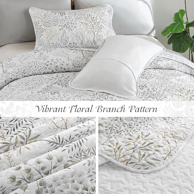 WONGS BEDDING Floral Quilt Set King Size, 3 Pcs White Bedspread Coverlet | Botanical Print Quilt Set for Spring Summer, Lightweight Microfiber Farmhouse Quilted Bed Cover for Guest Room 110"×90"