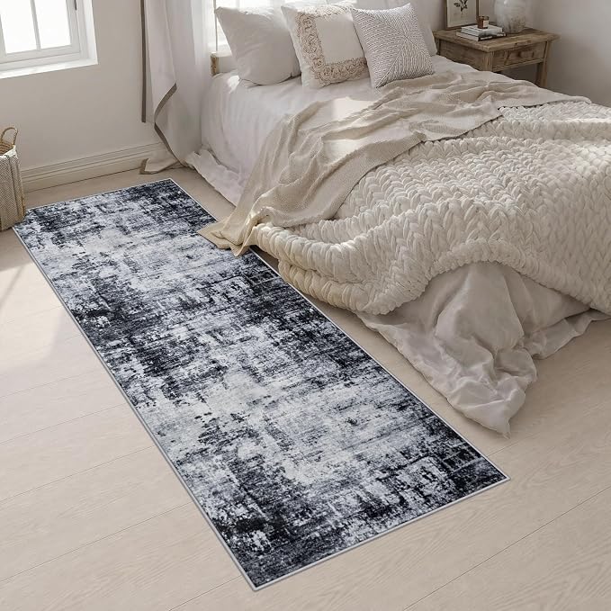 3x10 Washable Runner Rug：Modern Abstract Soft Carpet Dark Black | For Hallway, Bedroom, Kitchen, Laundry, Bathroom,Door Mat,Modern Abstract,Machine washable,Non-Slip,Stain Resistant,Indoor