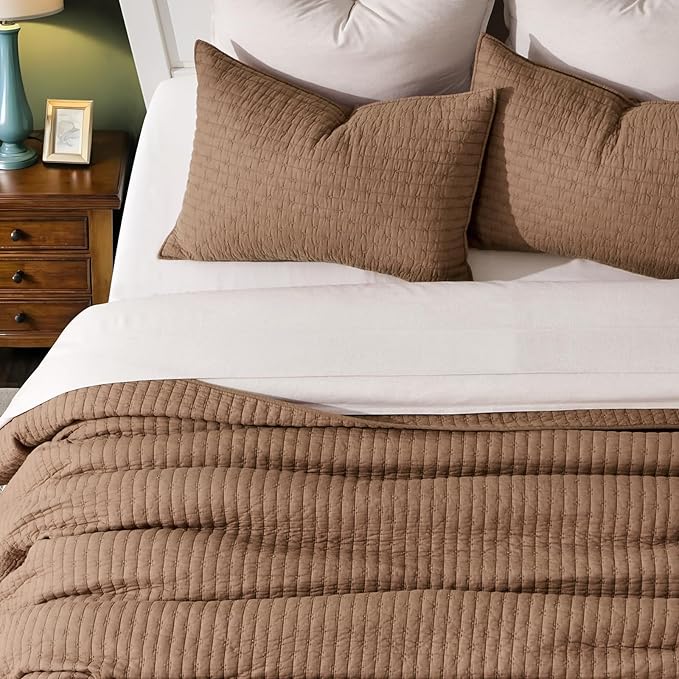 100% Cotton Cross Stitch 3-Piece Quilt Set, Queen, Camel Brown | 100% Cotton, Elegant Cross Stitch, Soft & Breathable, Prewashed Softness, Oversized Design, OEKO-TEX® Certified