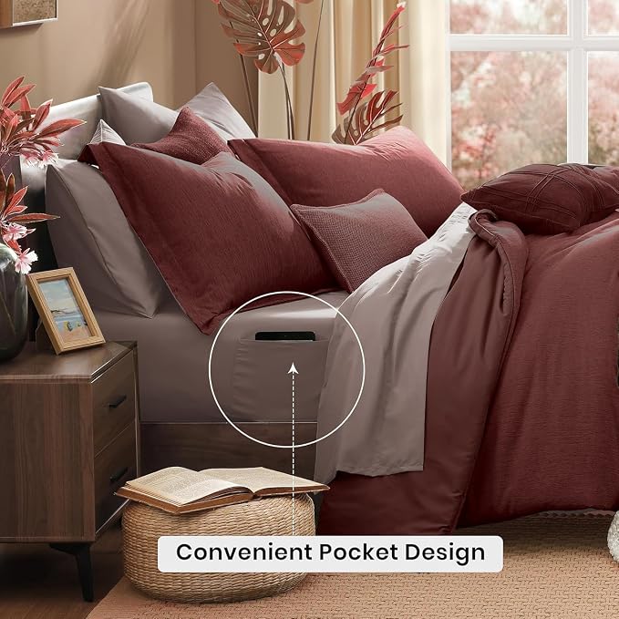 Monbix California King Comforter Set 7 Pieces Dark Red Bed in a Bag | Cationic Dyeing Reversible All Season Bedding Sets with Comforter, Sheets, Pillowcases & Shams