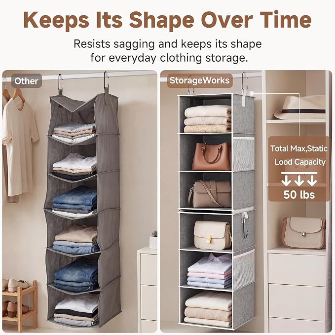StorageWorks Hanging Closet Organizer, 6-Shelf with 2-in-1 Design, Ivory | Maximize Closet Space with Reinforced Shelves, Small Closet Storage Solution for Bedrooms, Dorms and RVs