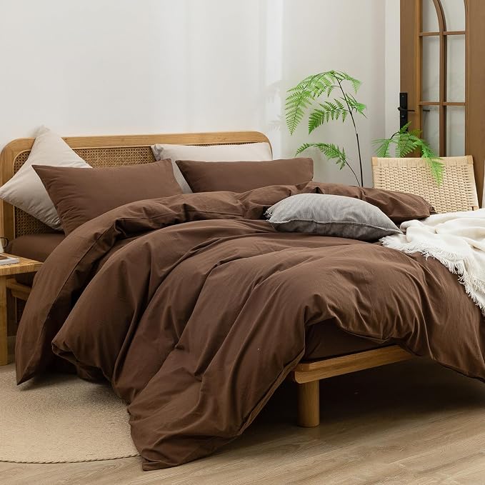 BESTOUCH Cotton Solid Duvet Cover Set Linen Feel Cocoa Brown Full | 100% Washed Cotton, Soft Wrinkle Texture, Hidden Zipper, 8 Ties, Breathable Lightweight Durable Comfy, 3 Pcs No Insert