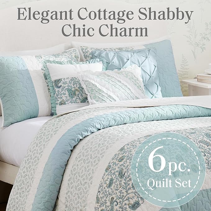 Madison Park 100% Cotton Quilt Set Floral Print, Double Sided Stitching, All Season, Lightweight Coverlet Shabby Chic Bedding Layer, Matching Shams, Full/Queen, Light Teal 6 Piece,Aqua | Double-Sided Stitching Floral Design, All Season, with Shams, Bed...