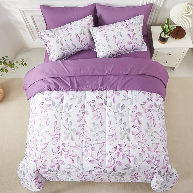 Yogeneg Botanical Comforter Set Queen Size 7 PCS Bed in a Bag,Purple Grey Leaves Printed on White Reversible Design,Soft Microfiber Bedding Complete Set for All Season(Purple,Queen)