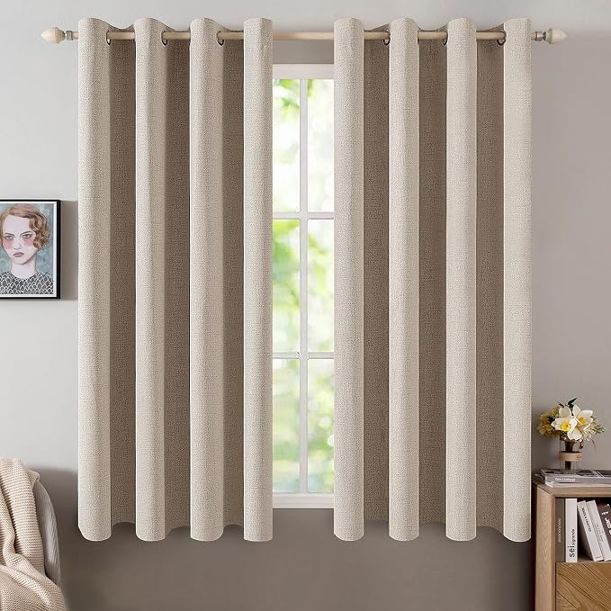 MIULEE 100% Blackout Linen Curtains for Bedroom 52x54 Inches Taupe | Room Darkening, Light Blocking, Thermal Insulated, Grommet Top, Linen Textured, Window Curtains for Living Room, 2 Panels