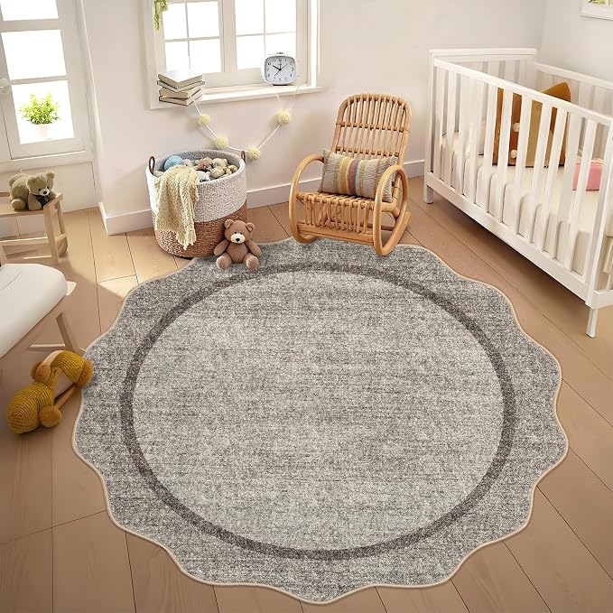 GarveeHome Scalloped Washable Non-Slip Soft Round Rug 4 ft, Brown | Small Ultra-Thin Boho Circle Stain Resistant Low Pile Carpet for Entryway Kitchen Bedroom Nursery Bathroom
