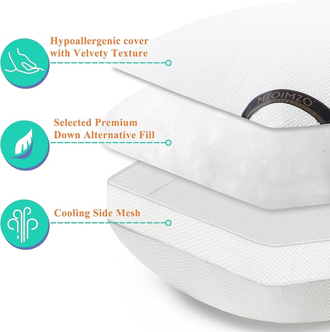 MZOIMZO Luxury Comfy Hotel Collection Bed Pillows for Sleeping- Firm King Size Set of 2, Gusseted Cooling Side Mesh Design with Premium Down Alternative Filling for Back, Stomach or Side Sleepers