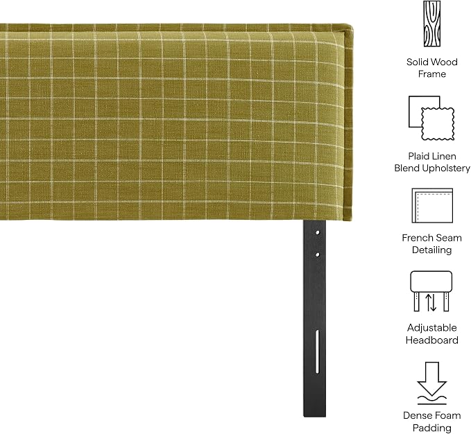 Modway Camille King Size Checkered Linen Blend Plaid Headboard with Removable Slipcover – in Artichoke Windowpane Check - Padded Pillow Style Headboard with Adjustable Mounting for King Beds