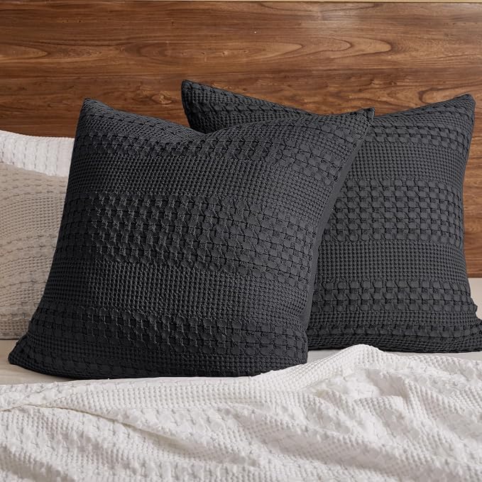 PHF 100% Cotton Waffle Weave Euro Sham Covers, 2 Pack 26" x 26" Bed Pillow Covers for Elegant Home Decor, No Filling, Luxury Aesthetic Soft Euro Pillow Cases for Bed, Black