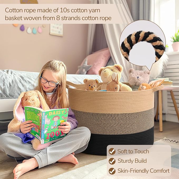 INDRESSME 115L Extra Large Woven Rope Blanket Basket Living Room | 23.6" x 15.7" Storage baskets for toys laundry & pillows. Fits living room, bedroom or nursery décor. Soft-touch with handles