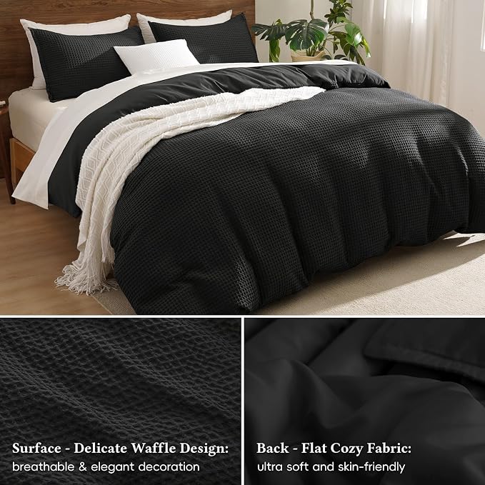 David's Home Soft Textured Waffle Weave Duvet Cover Set, Queen Size, Black | Breathable Cozy for All Season, 300GSM, 3PCS Home Bedding Decor, OEKO-TEX Certified, Hidden Zipper, 8 Corner Ties, 90" X 90"
