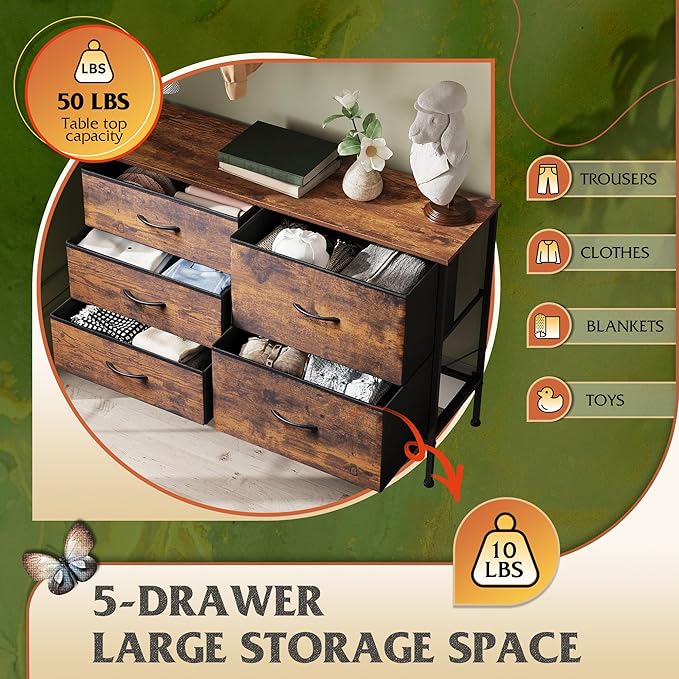 WLIVE 5 Drawer Fabric Dresser for Bedroom, Wide Storage Chest, Rustic Brown | 5-drawer wide fabric dresser with steel frame, multipurpose bedroom living room hallway dorm closet storage organizer