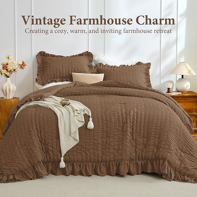 JOLLYVOGUE Oak Brown Twin/Twin XL Comforter Set, 2 Pieces Seersucker Lightweight Fluffy Bedding Set, Twin Ruffle Comforter, All Season Soft Microfiber Shabby Chic Bed Set