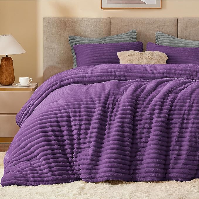 BEDELITE Fleece King Comforter Set, Fluffy Bed Set, Purple | Super Soft & Warm Bedding, Luxury Fuzzy Faux Fur Comforter for Winter, Heavy Plush Bedding, with 2 Pillowcases