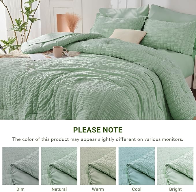 HYMOKEGE Sage Green Oversized King Comforter Set Seersucker 7 Pieces, All Season Luxury Bed in a Bag for Bedroom, Bedding Set with Comforter, Sheets, Pillowcases & Shams