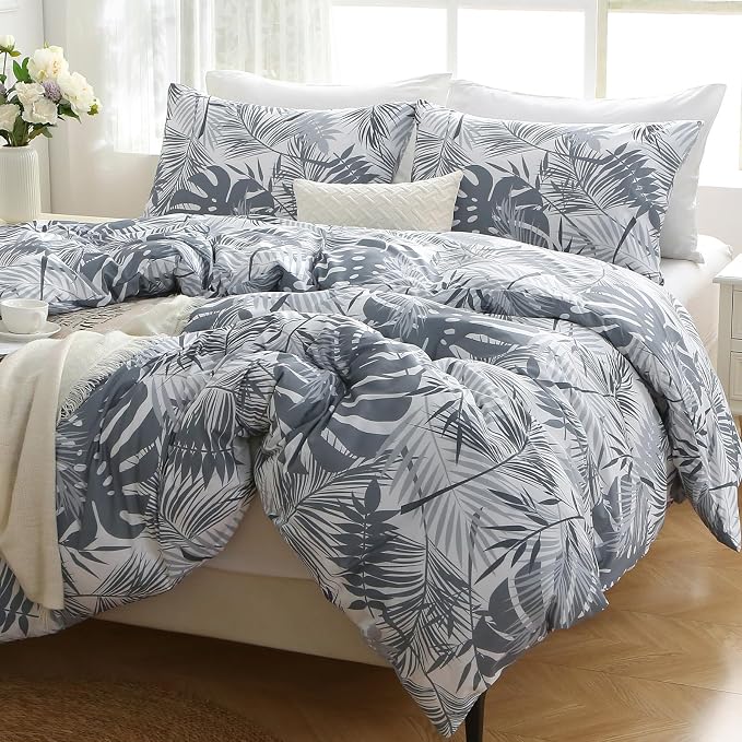 MUXHOMO Duvet Cover Twin/Twin XL Size Set, Reversible Floral BlackGrey Duvet Cover with Zipper Closure, 2 Pieces Botanical Patterns Soft Microfiber Bedding Set with 4 Ties (68"x90", 1 Pillow Case)