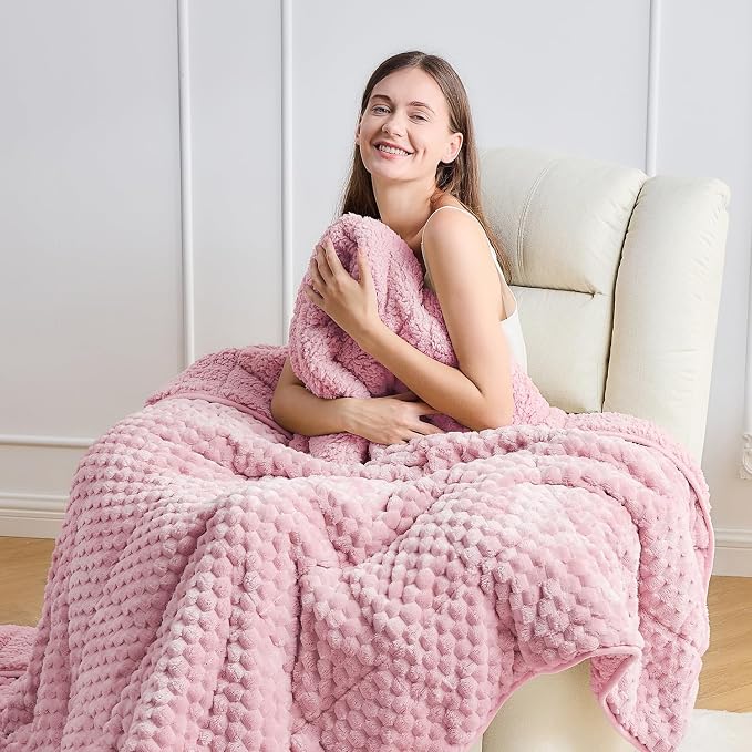 Fleece Weighted Blanket for Adults 60" x 80" 15lbs Fuzzy Blankets Pink | Soft Queen Size Sherpa Weighted Blankets, 3D Imitation Turtle Shell Warm Jacquard Flannel Heavy Blanket for Couch and Bed