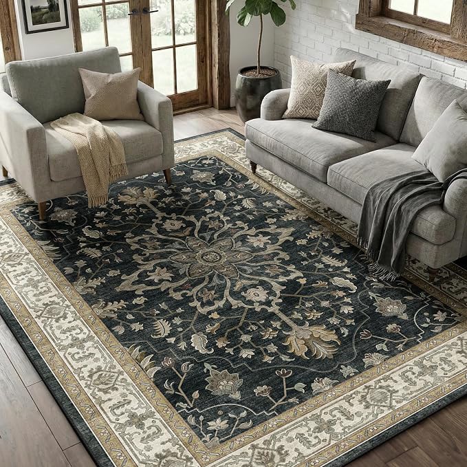 RELEANY Washable Area Rug, 5'x7', Black/Vintage/Beige | Non-Slip, Water Repellent, Pet Friendly, Easy to Clean, Vintage Floral Boho Decor for Living Room Bedroom Dining Room Office