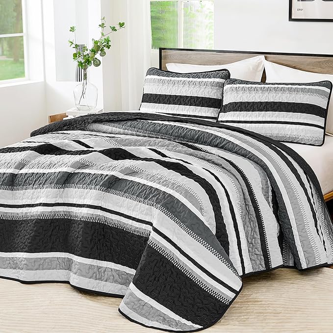 WONGS BEDDING Striped Quilts King Size Set, Black Lightweight Bedspread | Lightweight Microfiber Coverlet, Breathable All-Season, Machine Washable, 3-Piece Set 110"x90", Great for Men Boys Dorm Room