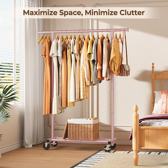 HYSEYY Clothes Rack, Clothing Rack for Hanging Clothes, Rolling Garment Rack Sturdy Coat Rack Portable Wardrobe Rack Metal Closet Rack for Bedroom Laundry Living Room, Pink