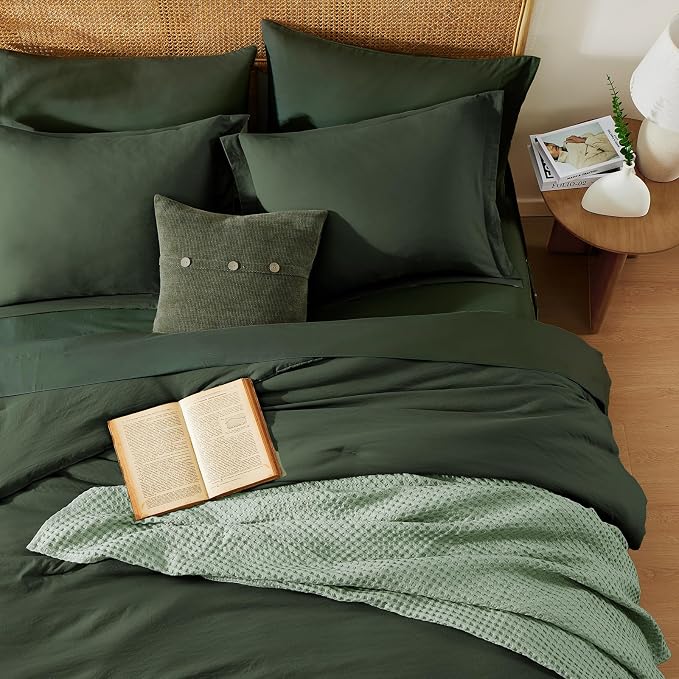 Queen Comforter Set-7 Pieces Soft Prewashed Bed in a Bag Queen Bedding Sets | All Season Comforter with Sheets, Pillow Shams & Pillowcases, Deep Forest