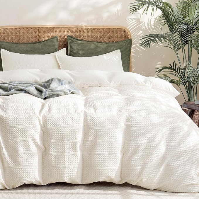 PHF Soft Waffle Duvet Cover Queen Size- Durable Breathable Waffle Weave Duvet Cover(90"x90") with 2 Pillow Shams, 3 Pieces Luxury Textured Bedding Set for All Season, Cream