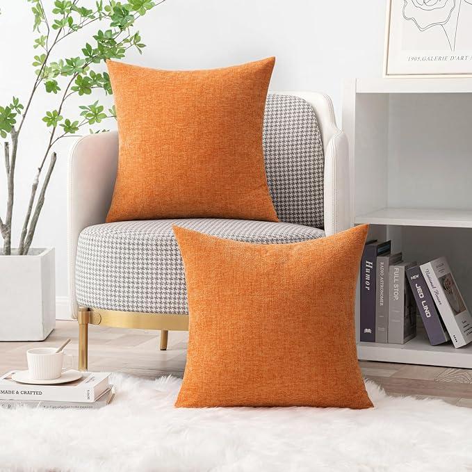 MIULEE Soft Chenille Fall Throw Pillow Covers Orange 18x18 Inch Pack of 2 | Modern Fall Home Decor, Classic Decorative Pillows, Solid Dyed Cases, Boho Couch Cushion Covers for Sofa Bed Living Room