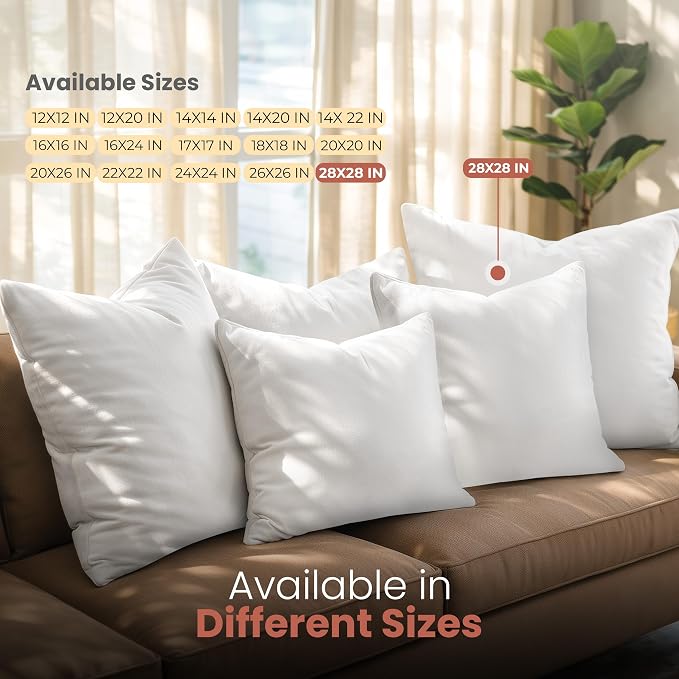 Utopia Bedding 28x28 Pillow Inserts, White Throw Pillows for Couch, 2 Pack | 100% Virgin Filling, Euro Indoor Cushion Inserts for bed, sofa & couch, Extra Filled, Supportive & Fluffy Decorative Pillows