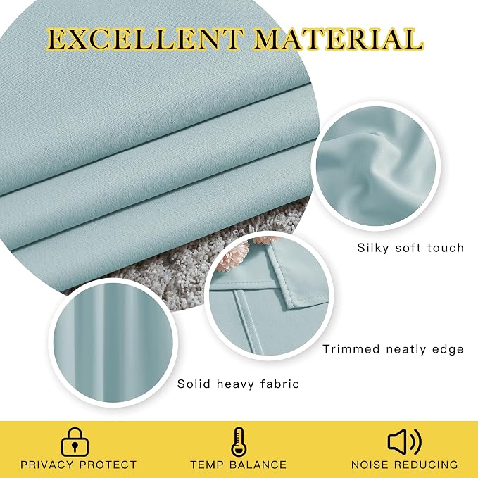 NICETOWN Sky Blue Curtains for Kids Room - Triple Weave Microfiber Home Thermal Insulated Solid Ring Top Blackout Panels/Drapes for Bedroom(Sky Blue, Set of 2, 52 x 95 Inch)