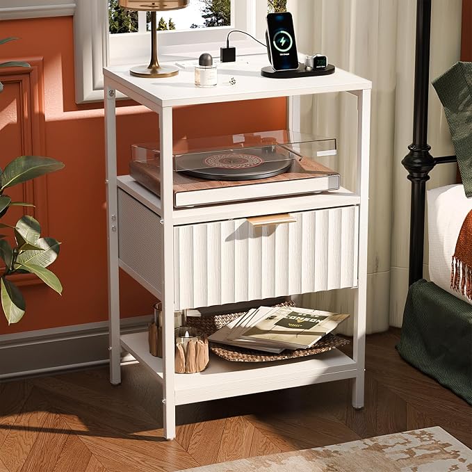 VINGLI Nightstands Set of 2 with Fabric Drawer, White Nightstands with Charging Station, Fluted Night Stand/Bedside Table, Small Night Stand for Bedroom, Bed Side Table with Charging Station, 2 pcs
