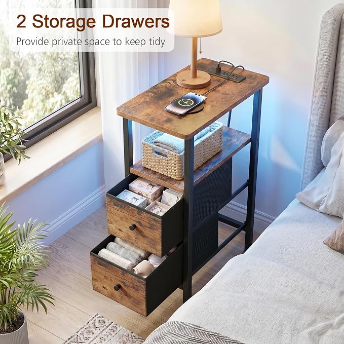 LOAKEKEL Narrow End Table with Charging Station, Small Nightstand | Skinny Side Tables Living Room with 2 Fabric Drawers, Bedside Table with LED Lights for Bedroom, Small Spaces, Rustic Brown