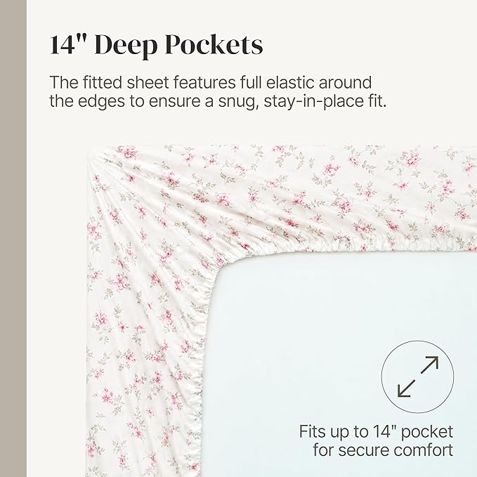 Modern Threads 4-Piece Ultra Soft Microfiber Bed Sheets Set, Wrinkle Free Sheets with Deep Pockets Fitted Sheet, Flat Sheet & Pillowcases, Lightweight Breathable Bedding, Floral Rose, Full